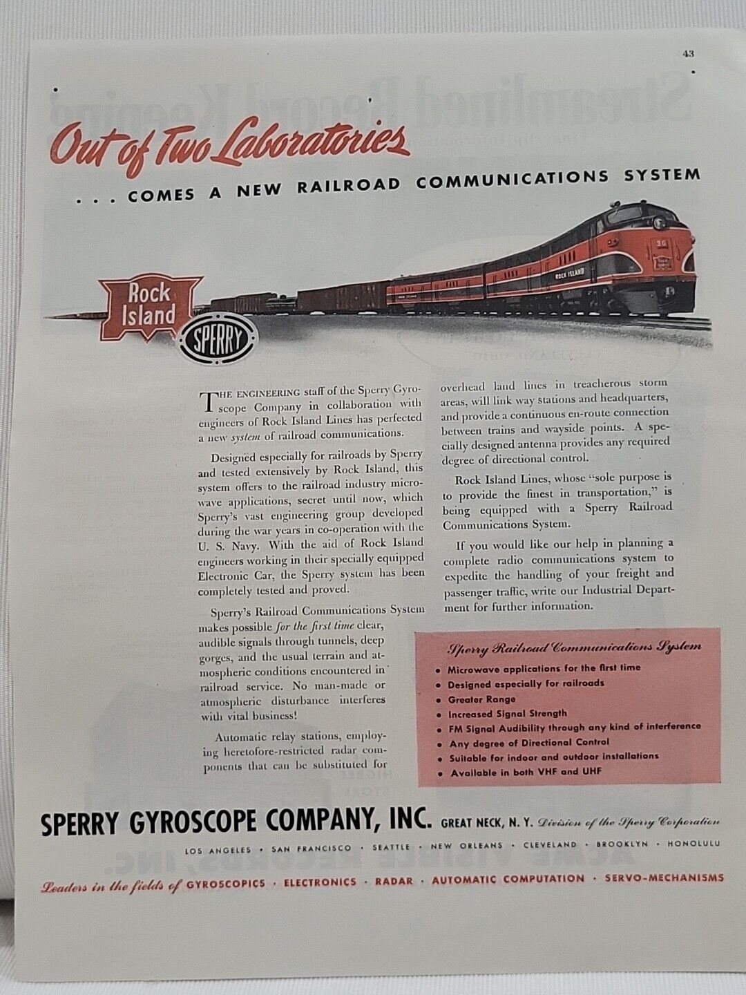 1945 Sperry Gyroscopes Rock Island Line Fortune WW2 X-Mas Print Ad Railroad