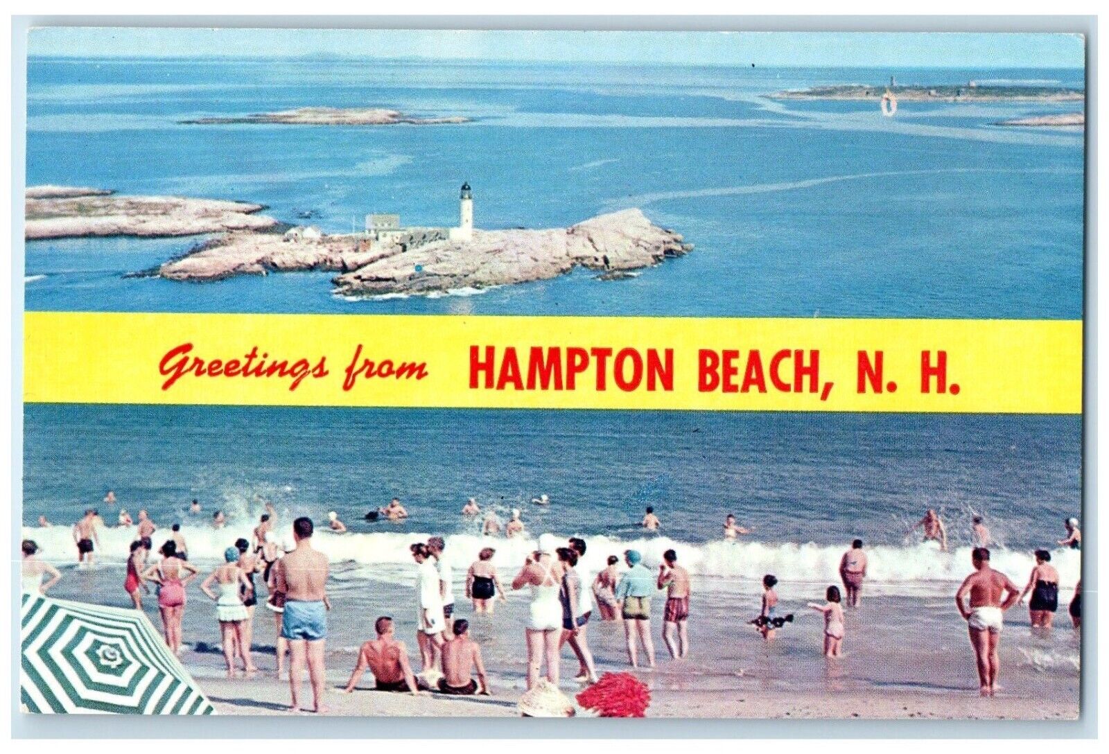 c1950's Greetings From Hampton Beach New Hampshire NH Dual View Postcard