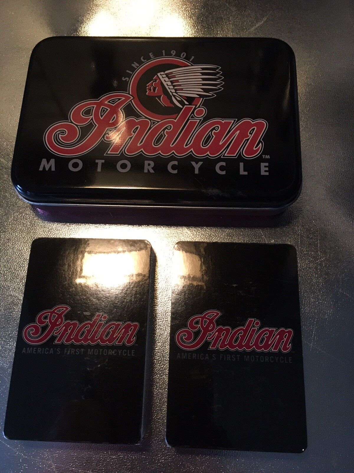 Indian Motorcycle Tin 2 pks of factory sealed decks.