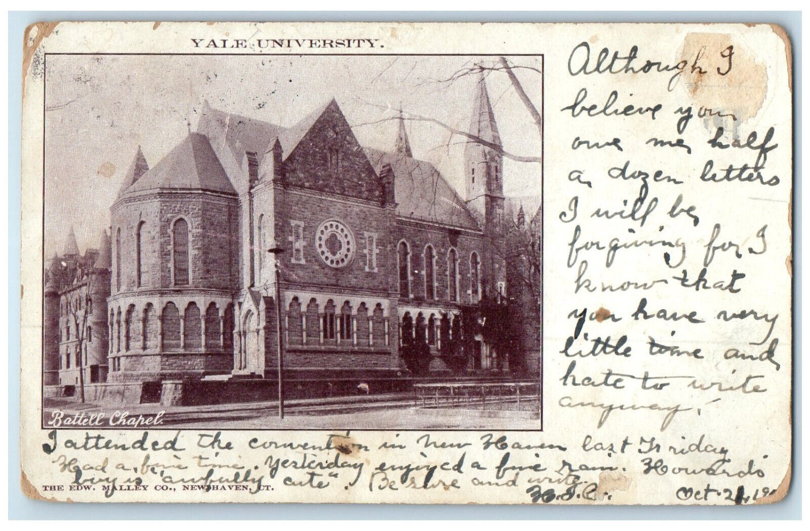 1906 Yale University Battell Chapel New Haven CT EDW Malley CO PMC Postcard