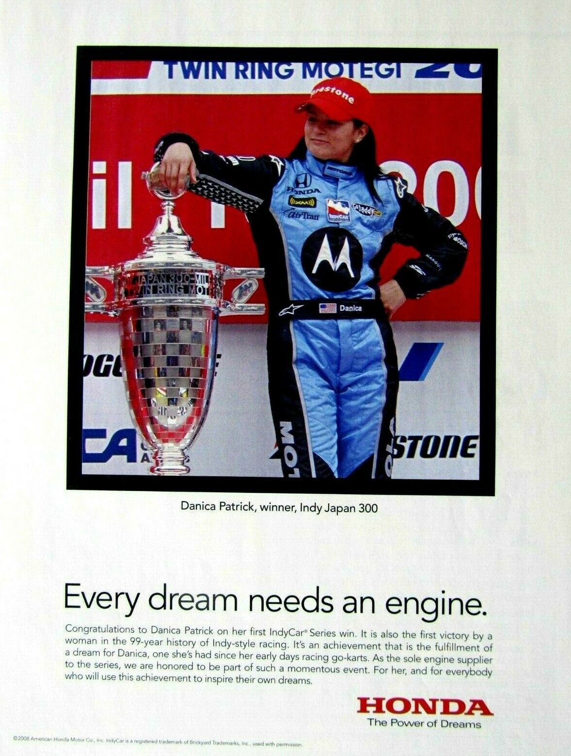 Danica Patrick Every Dream Has An Engine 2008 Honda Original Print Ad 8.5 x 11\