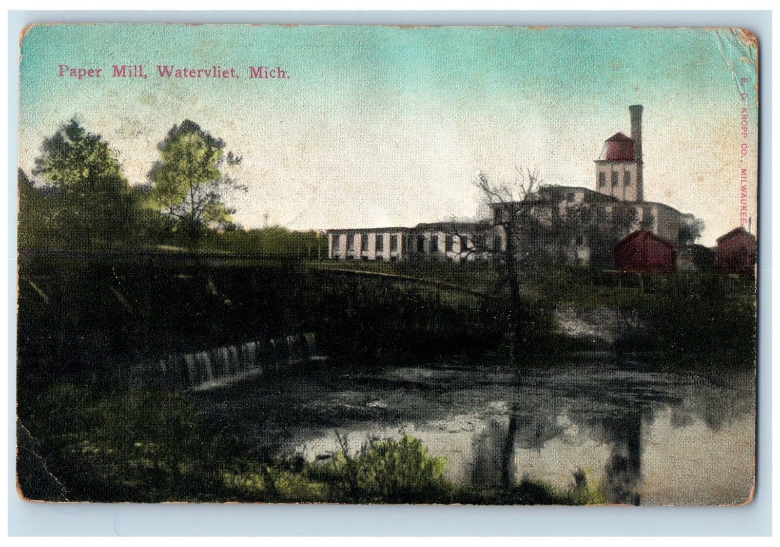 1911 Paper Mill Building View Lake Pond Smokestacks Tank Watervliet MI Postcard