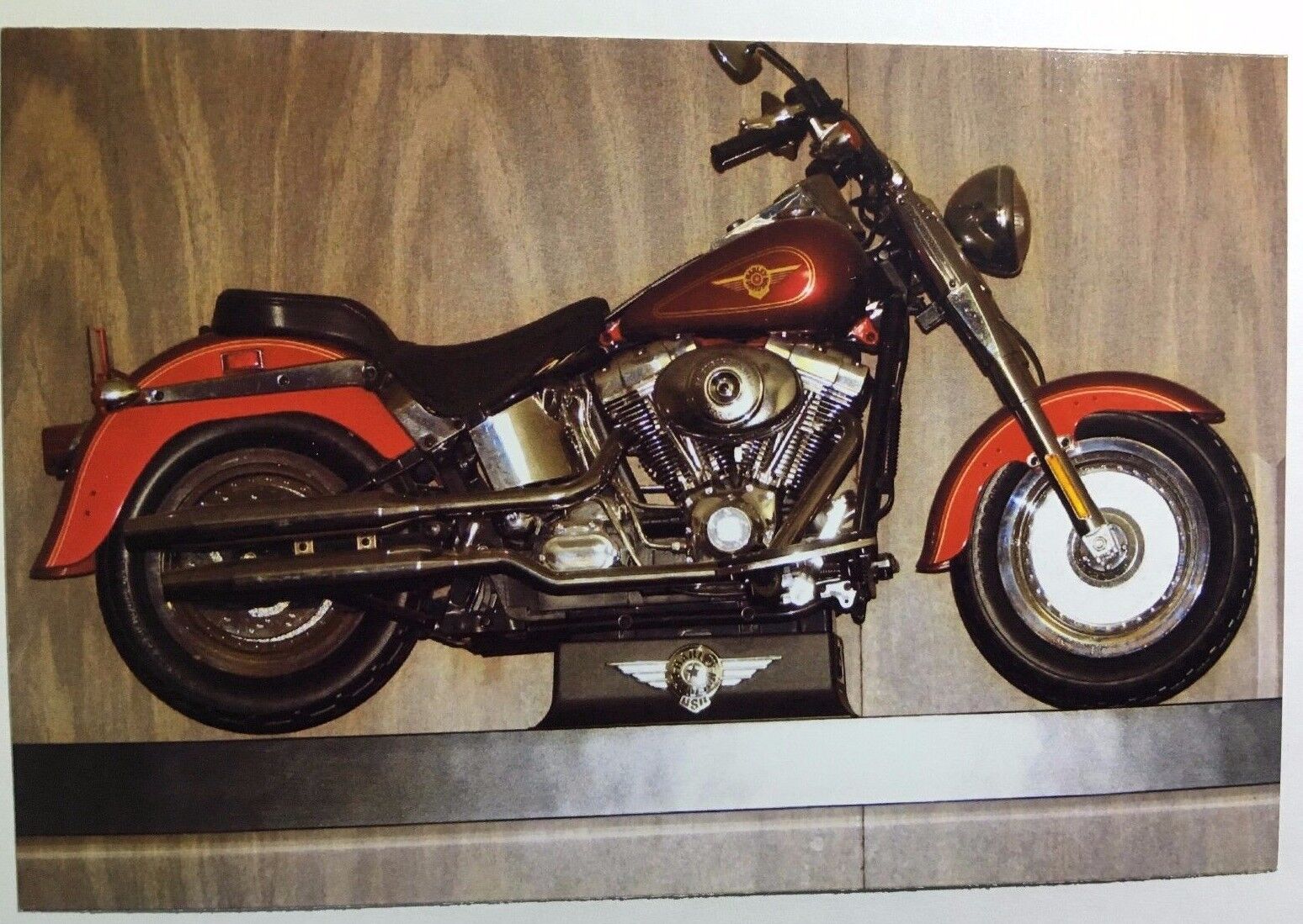 Vintage PHOTO Of A Custom Harley Davidson Motorcycle On Display Stand Mantle