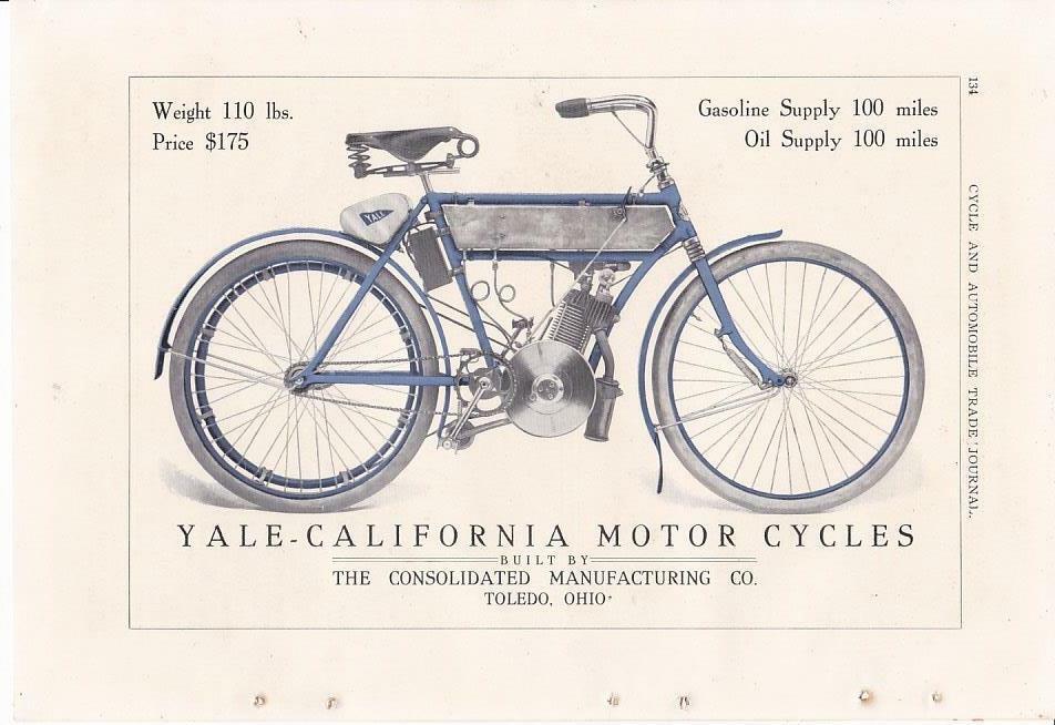 1906 Yale-California Motorcycle 2 pg Ad/  Consolidated Manf Co Toledo OH
