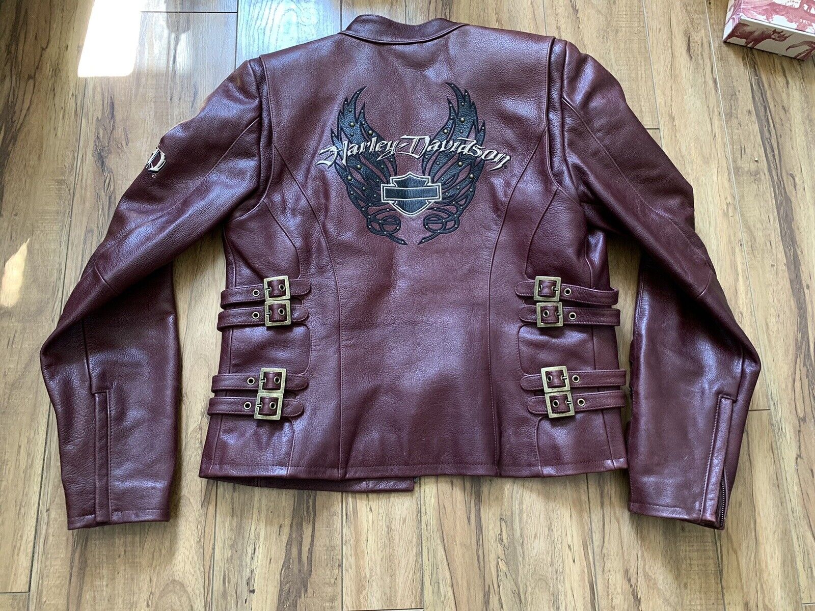 Vintage Harley Davidson Maroon Womens Leather Biker Jacket Wings Size M