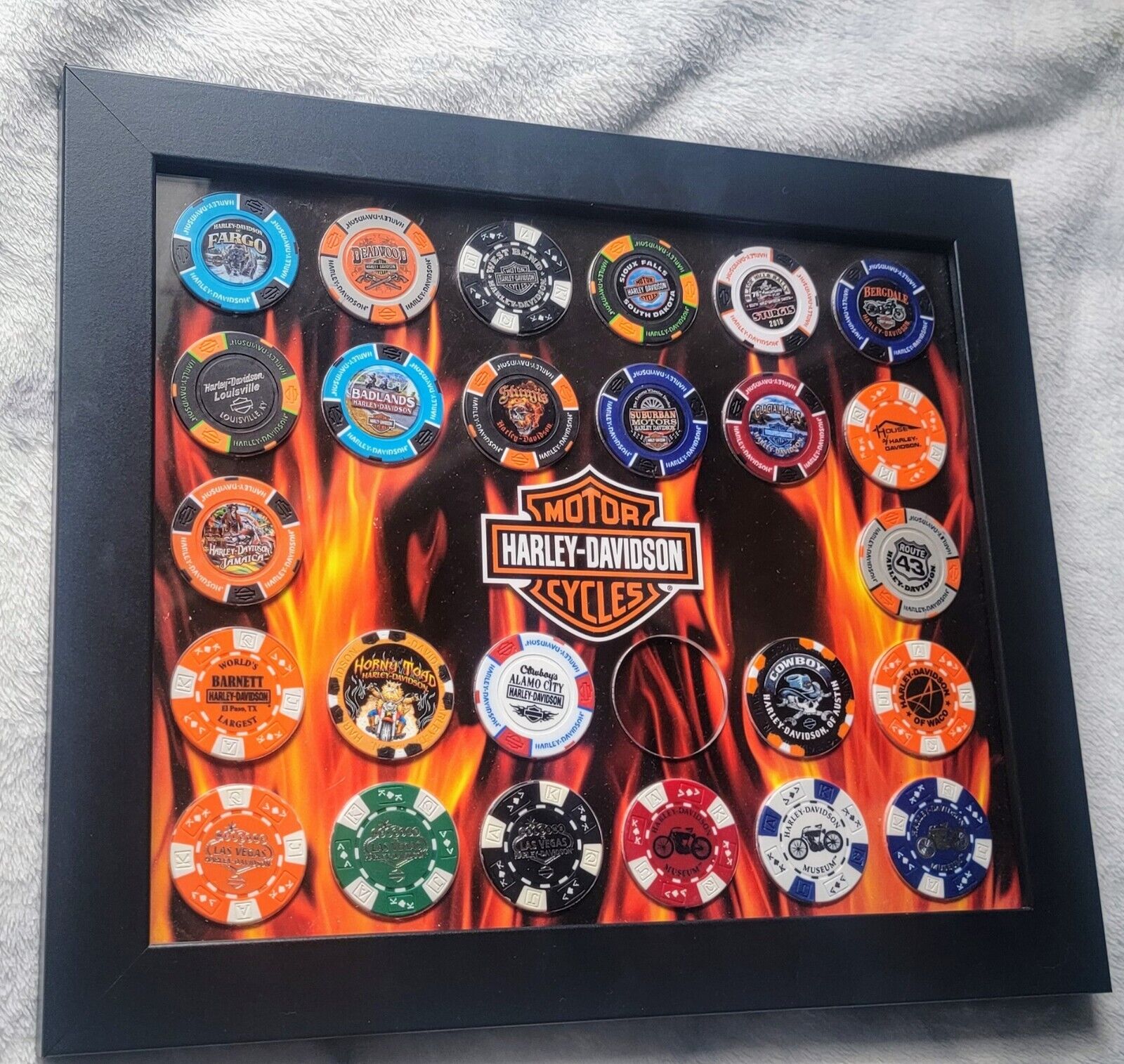 Harley-Davidson® Black 26 Poker Chip Collectors Frame Display Includes 25 Chips