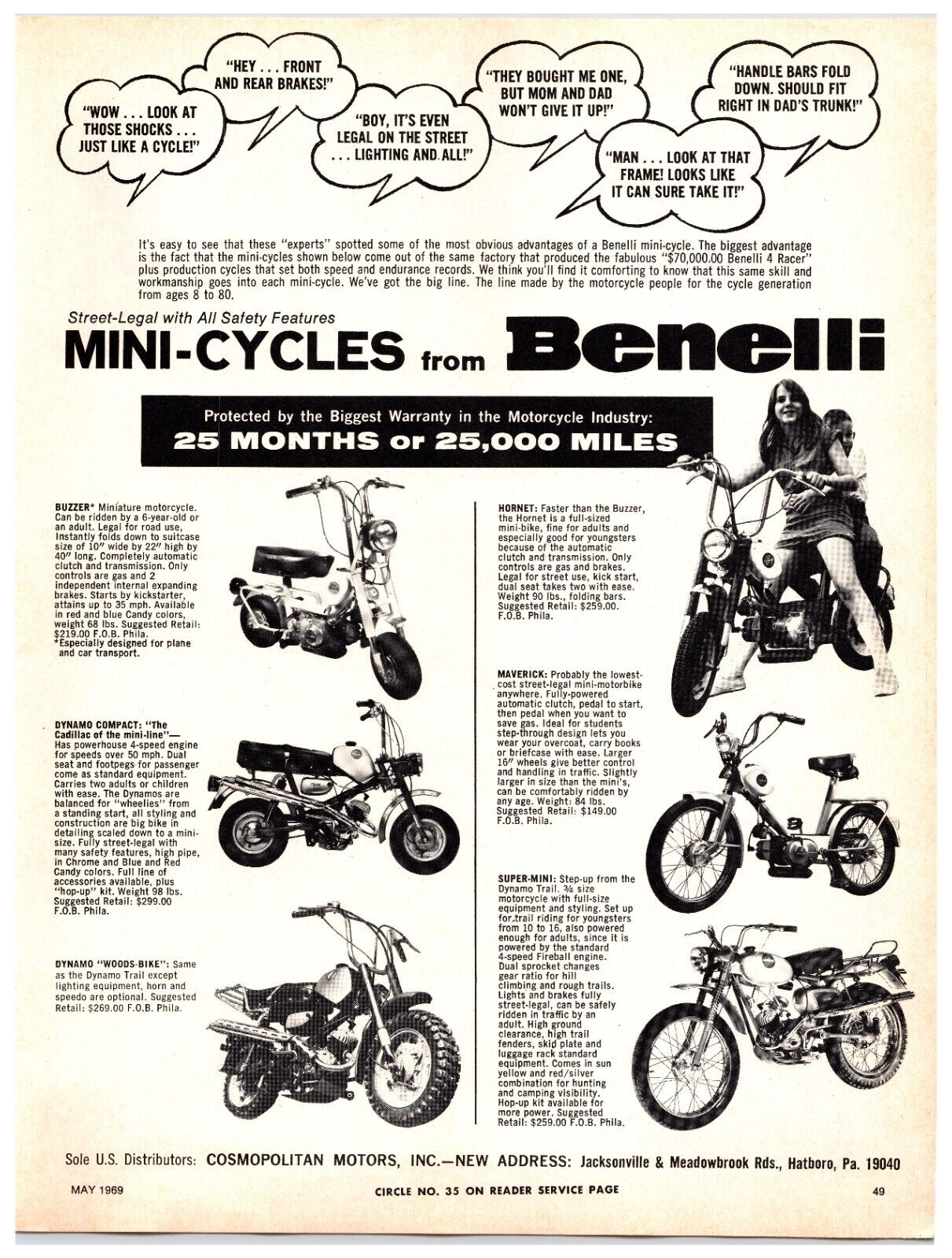 Vintage Original - 1969 Benelli Mini Motorcycles - Original Print Ad (8x11)