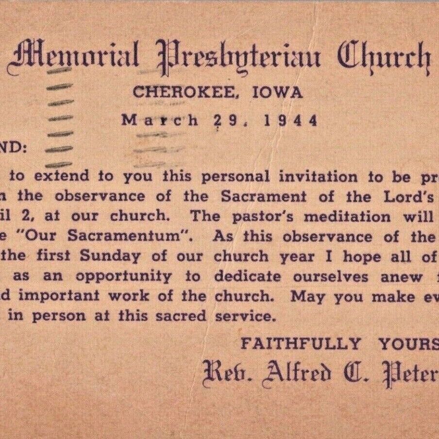 1944 Memorial Presbyterian Church Alfred Peterson Postcard Cherokee Minnesota