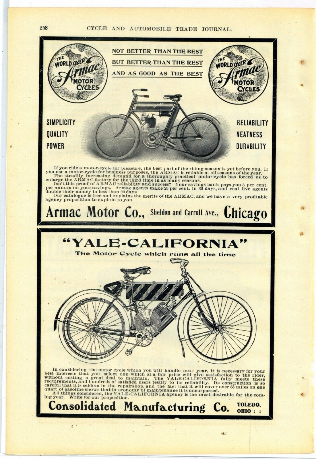 1906 Armac Motorcycles AND Yale California of Toledo, OhiO Ads - Both on Same pg