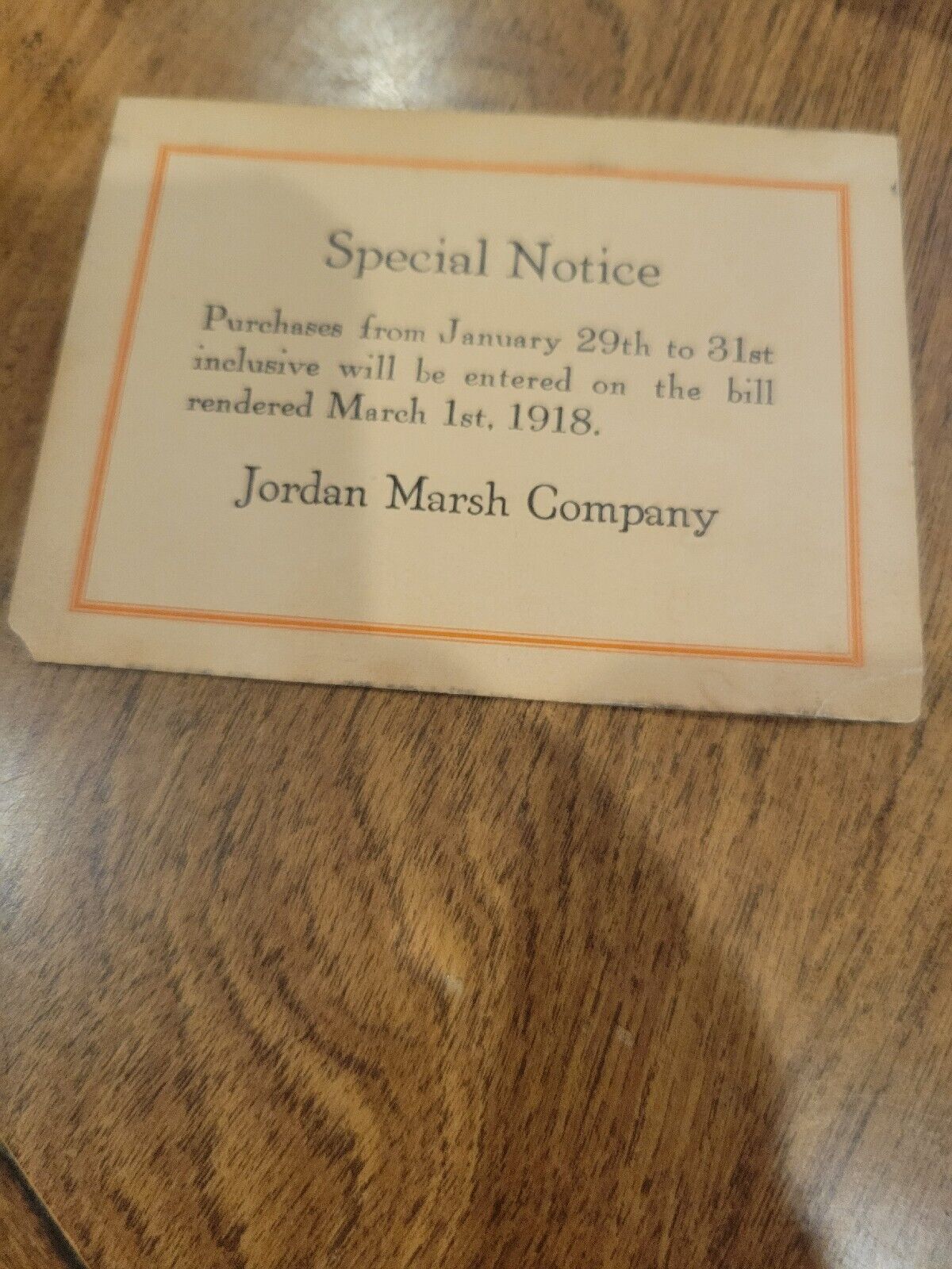 RARE 1918 Jordan Marsh Ticket Boston, MA Special Notice