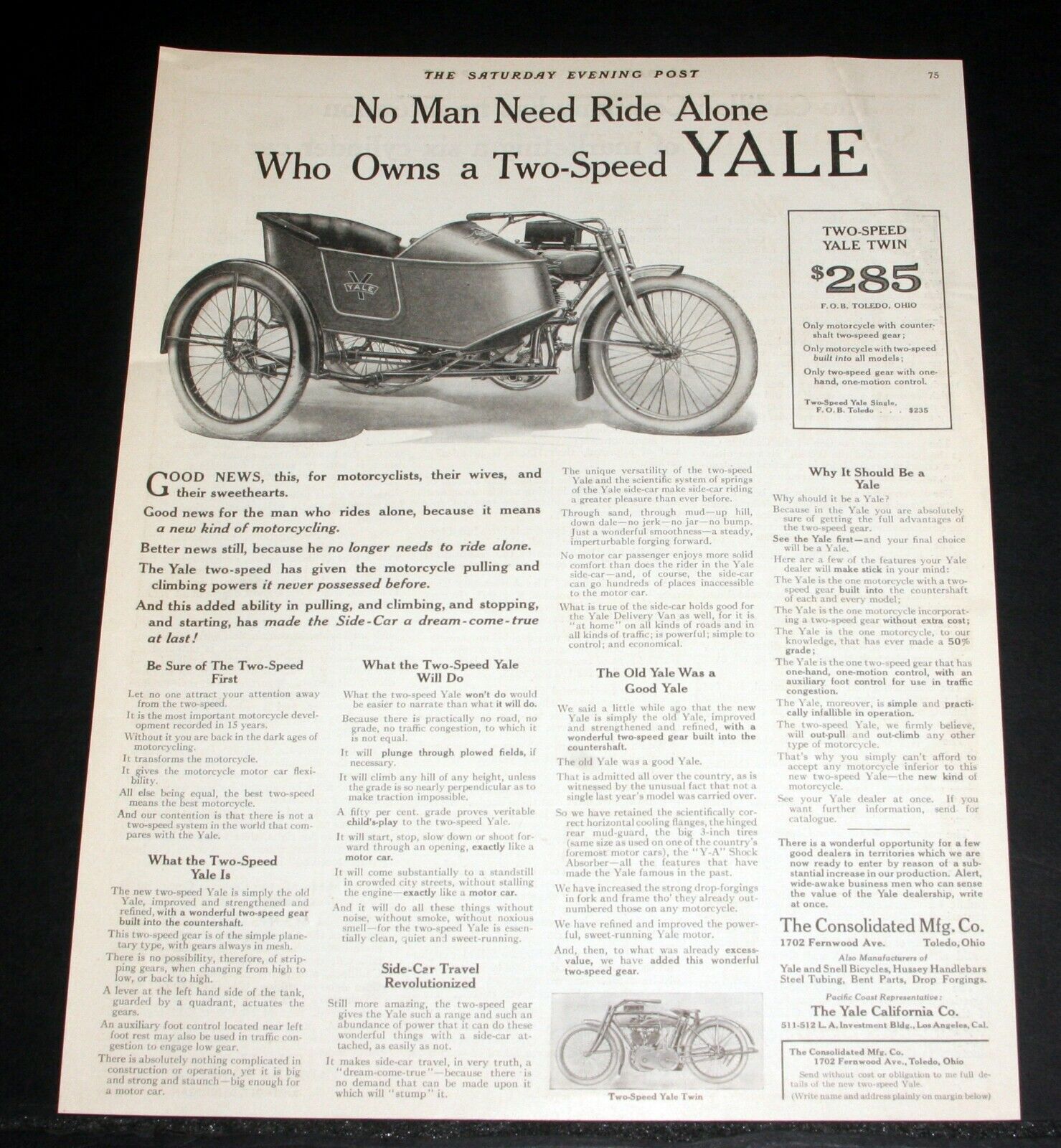1914 OLD MAGAZINE PRINT AD, YALE TWO-SPEED MOTORCYCLES, NO MAN NEEDS RIDE ALONE