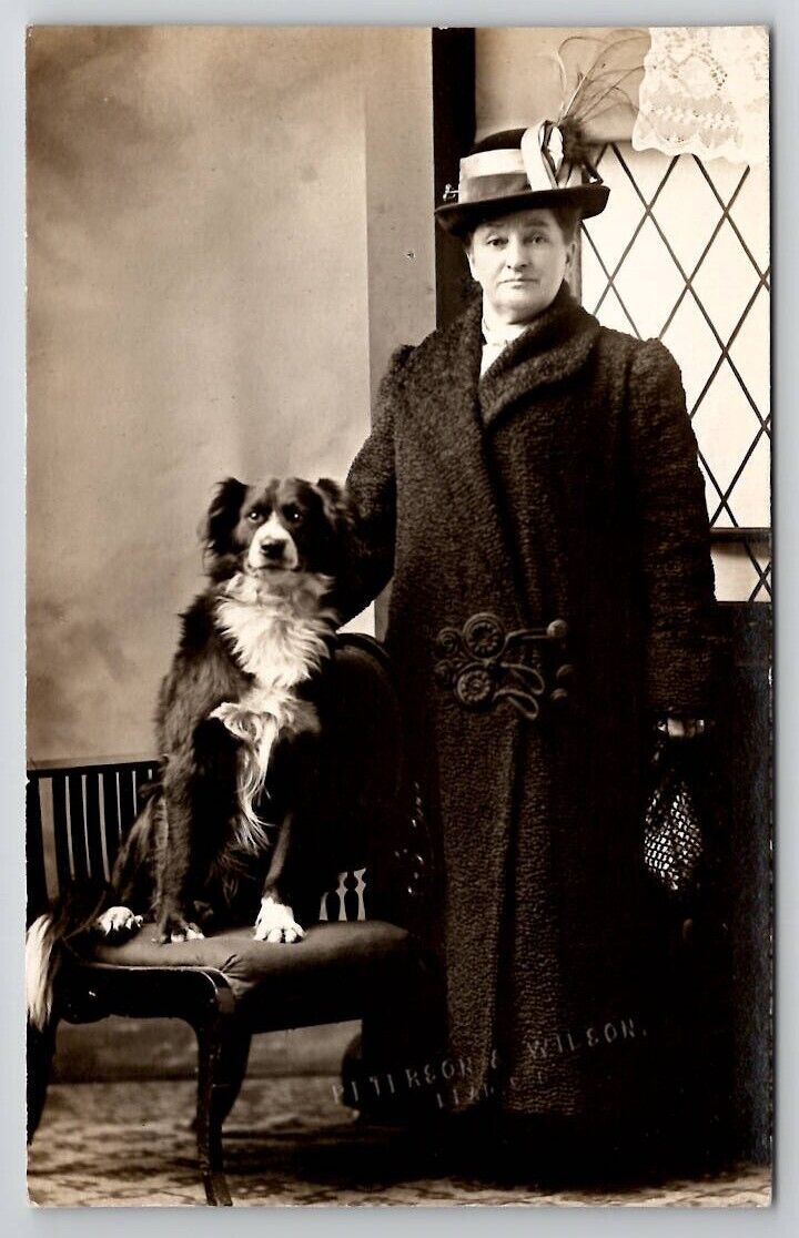 RPPC Border Collie Dog And The Lady Fancy Hat Coat Lead SD Studio Postcard S27