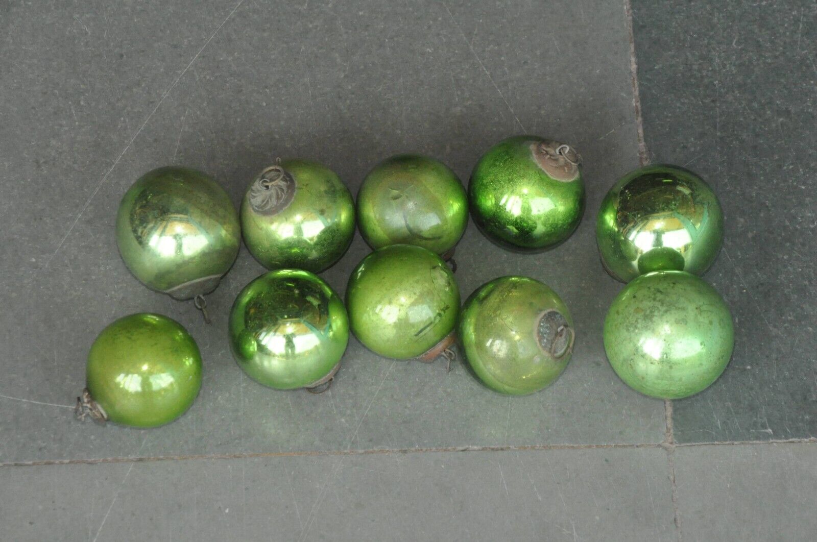 10 Pc Vintage Green 2\'\' Original Heavy German Glass Kugels / Ornament