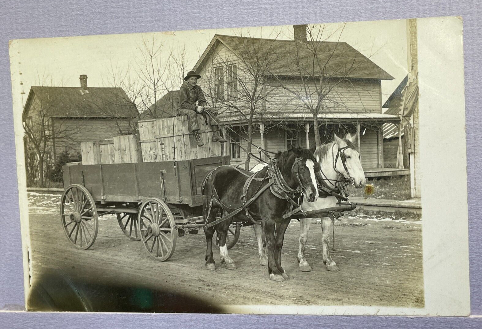 Real photo Postcard Horse & Wagon Dirt Road White Horse Unposted