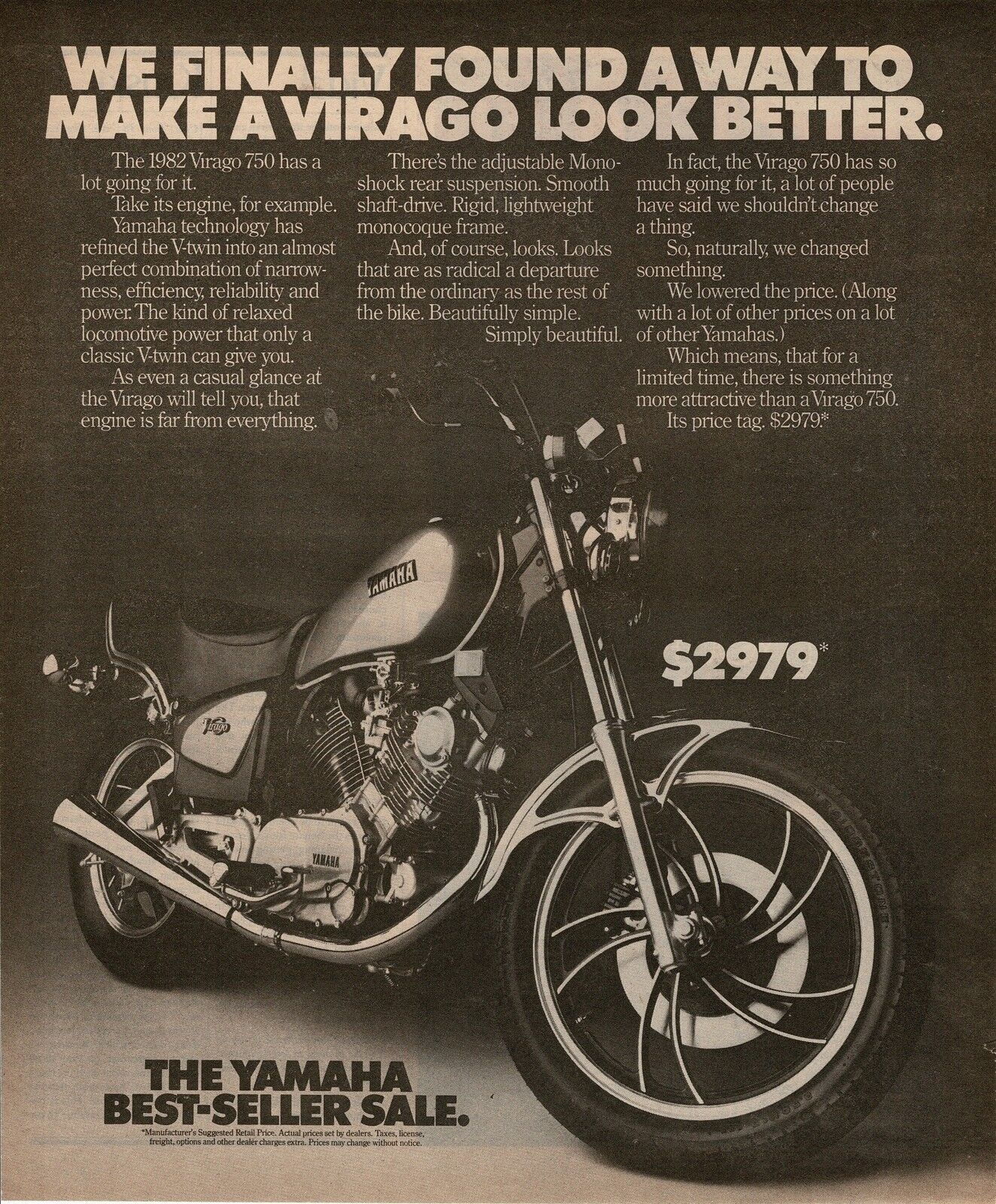 1982 Yamaha Virago 750cc Motorcycle Vintage Ad 