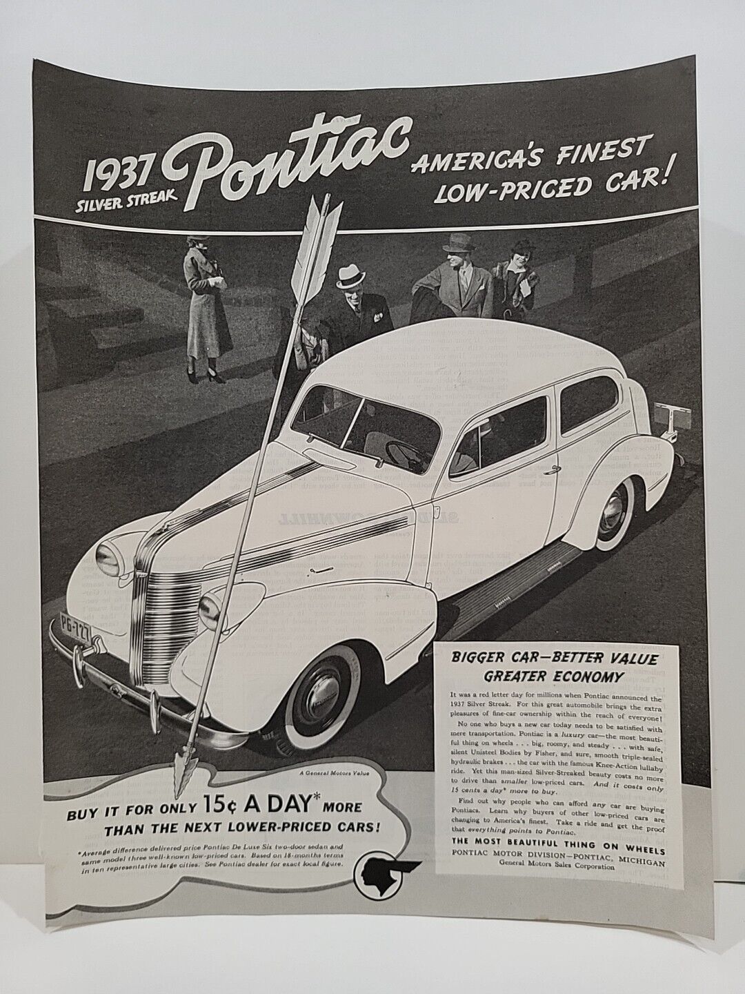 1937 Pontiac Automobile S.E. Post Magazine Print Advertising Silver Streak Arrow