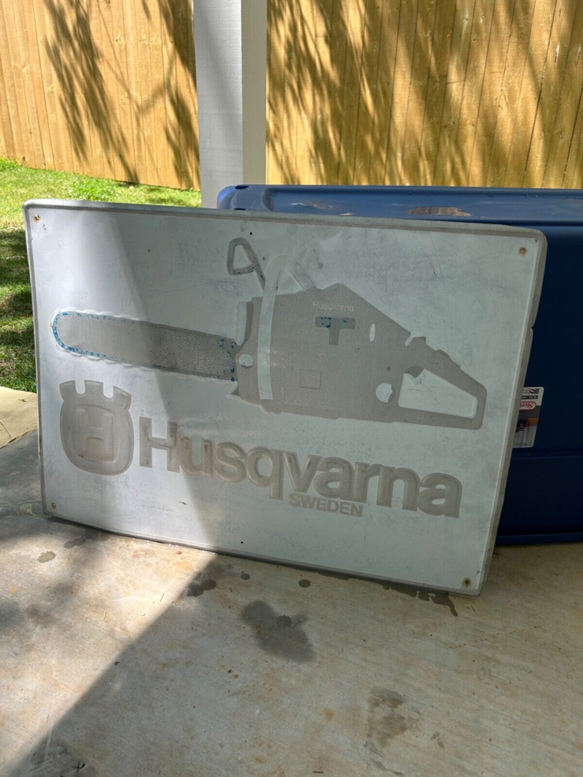 ORIGINAL Vintage EMBOSSED Husqvarna Chainsaws tin tacker sign advertising WORN