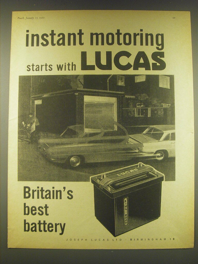 1965 Lucas Car Battery Ad - Instant motoring starts with Lucas