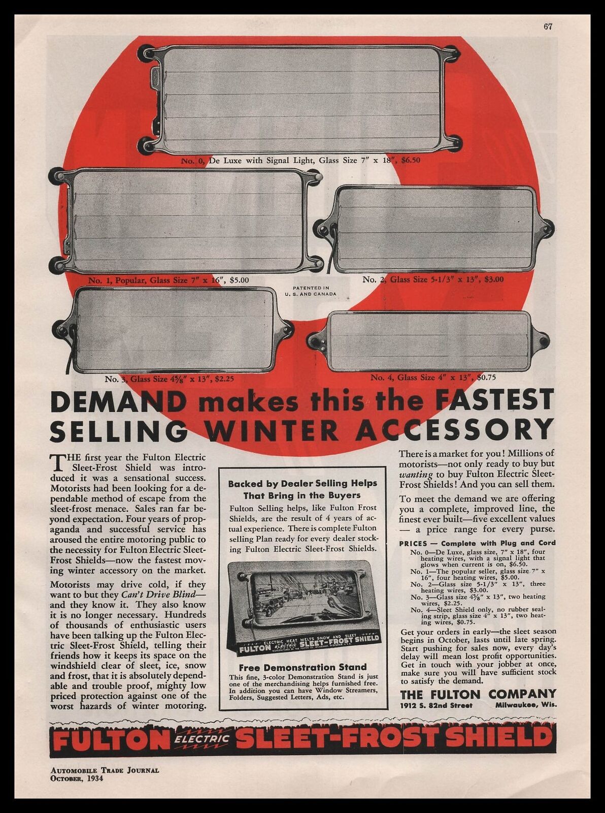 1934 Fulton Co. Milwaukee Wisconsin Electric Sleet Frost Shield Vintage Print Ad