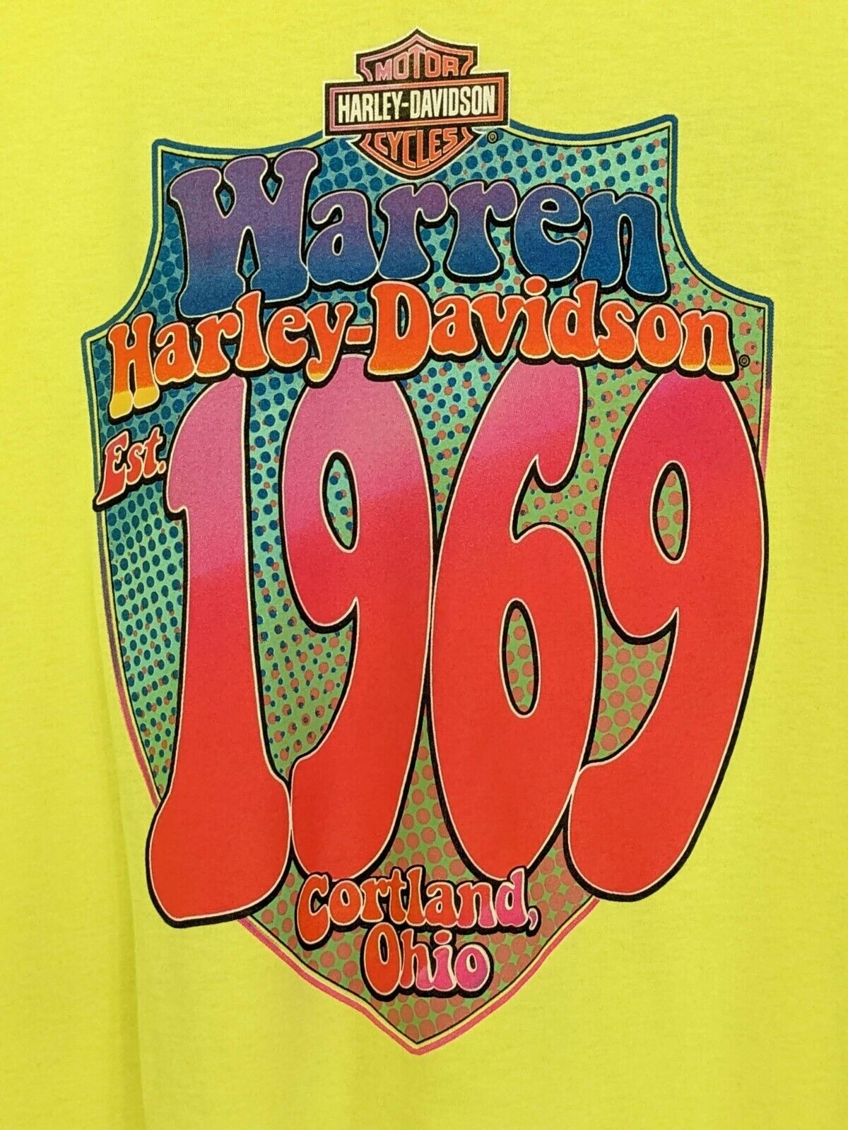 Harley Davidson Mens 3XL Shirt 1969 Neon Yellow Pink Blue Warren Ohio