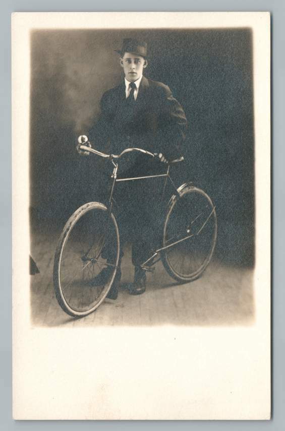 Boy Showing Off Bicycle in Photo Studio RPPC Antique Minneapolis Bike 1920s