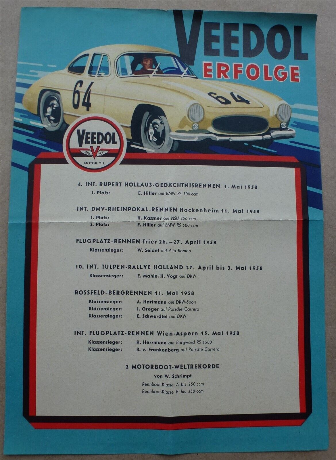 Poster Veedol 1958 Motor Oil Erfolge Successes flyer Mercedes illustration B