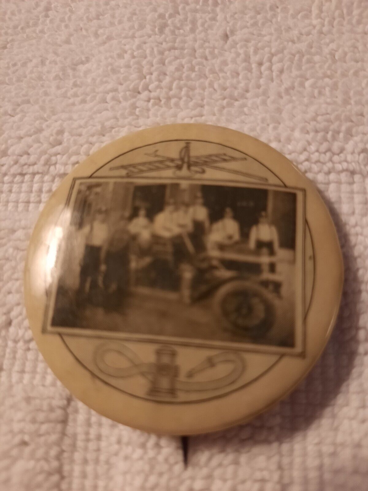 Early 1900s Antique Firemen & Fire Engine celluloid pinback  black & white photo
