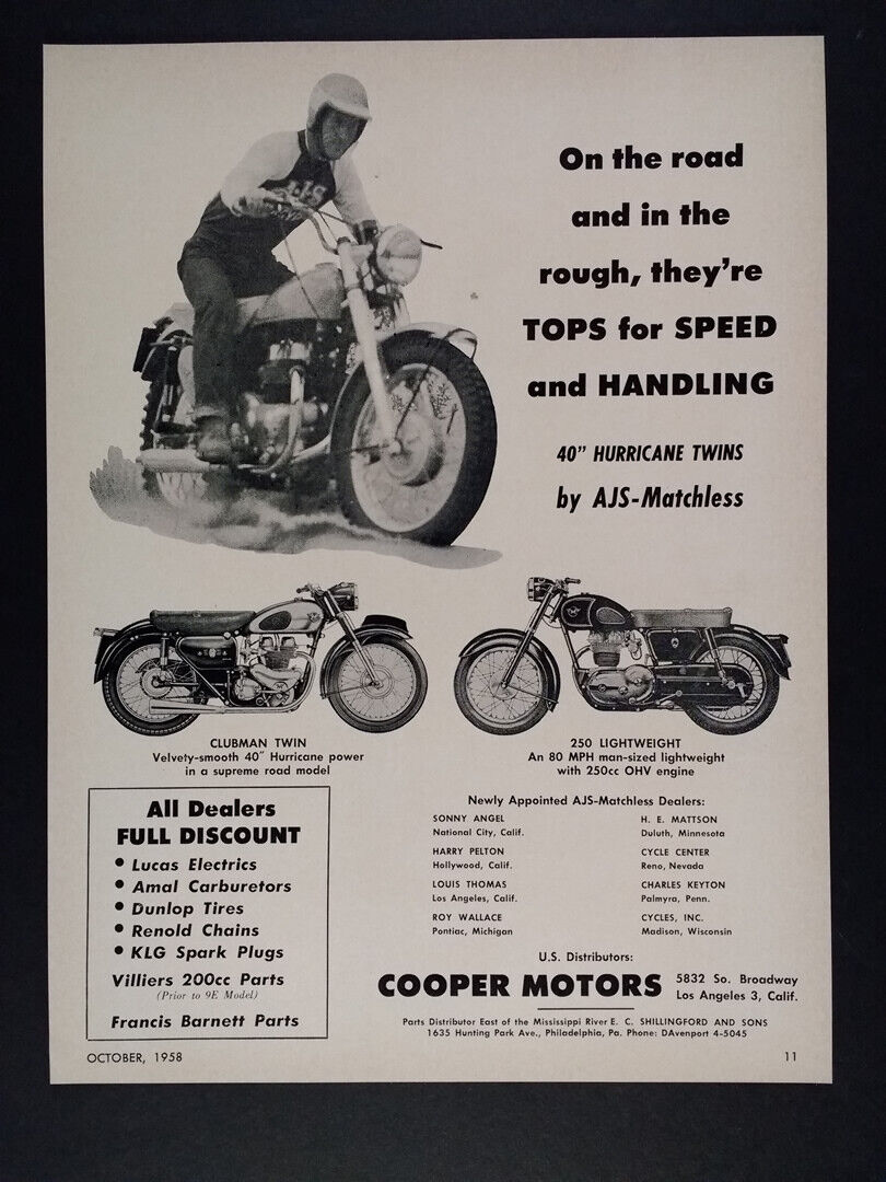 1959 Matchless Clubman Twin & 250 Lightweight Motorcycles vintage print Ad