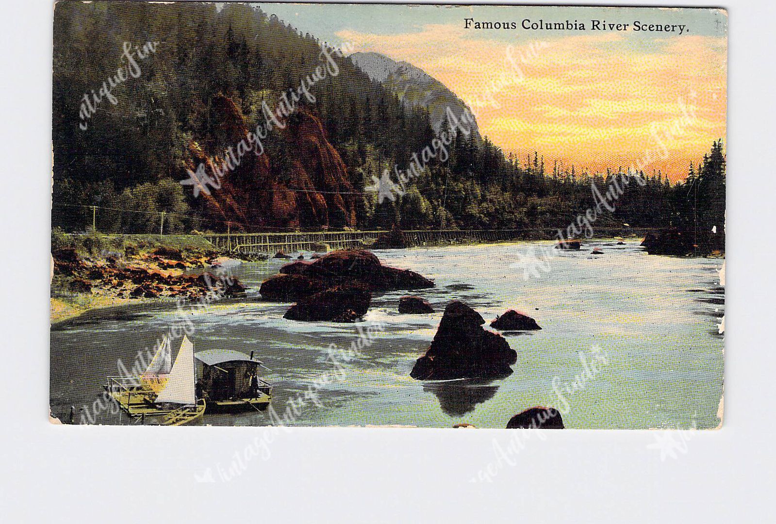 PPC Postcard OR Oregon Columbia River Famous Scenery Railroad Track Boats On Wat