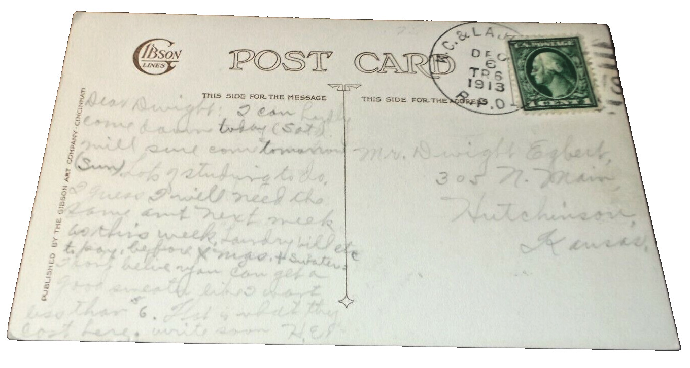 1913 ATSF SANTA FE TRAIN #6 KANSAS CITY & LA JUNTA RPO HANDLED POST CARD