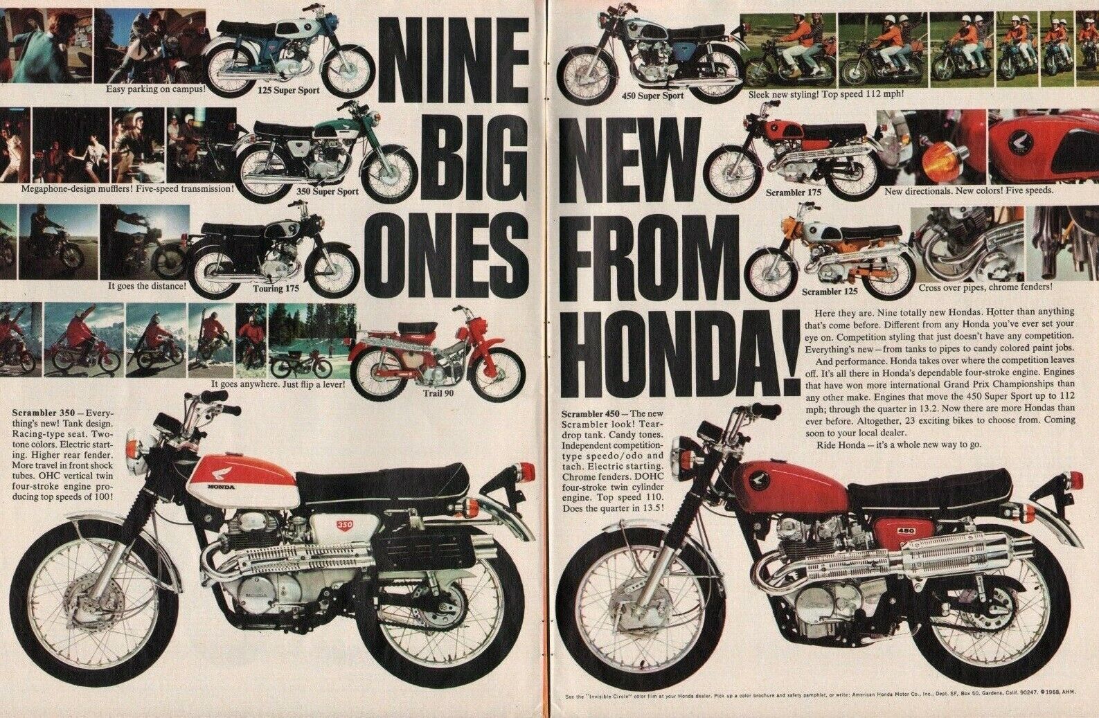1968 Honda - 9 Big New Ones - 2-Page Vintage Motorcycle Ad