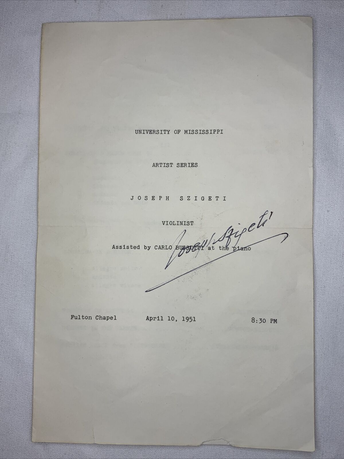 Joseph Szigeti Hungarian Violinist Signed 1951 Ole Miss Concert Program Musician