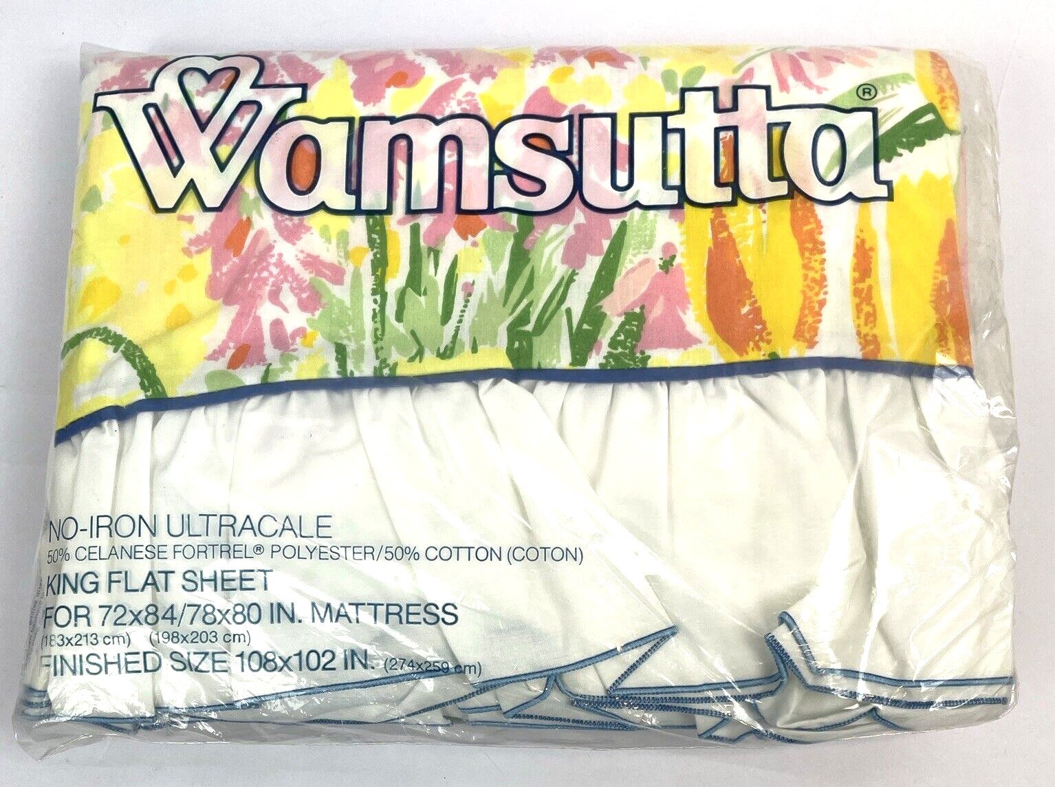 Vintage Wamsutta Ultracale King Flat Sheet Flower Garden Watercolor Floral USA