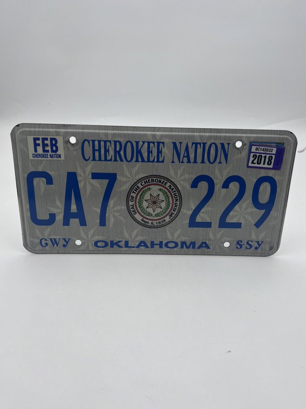 2018 Oklahoma Cherokee Nation License Plate Tag CA7 229 Expired 2018
