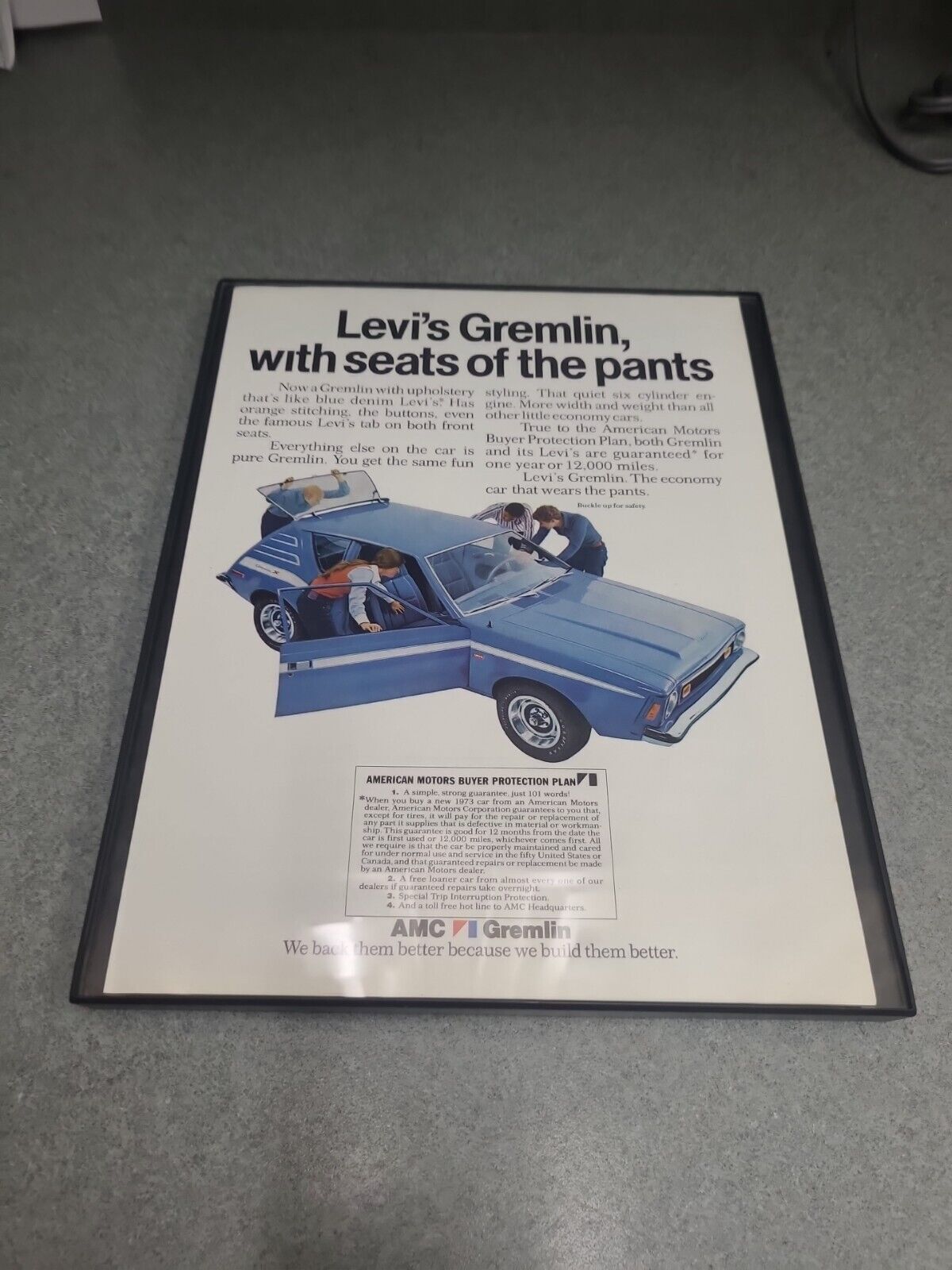 1972 AMC Gremlin Levi’s denim interior car photo print ad-VTG Man Cave Garage