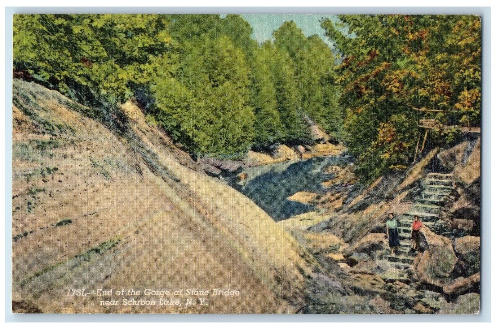 c1940 End Gorge Stone Tree Bridge near Schroon Lake New York NY Vintage Postcard