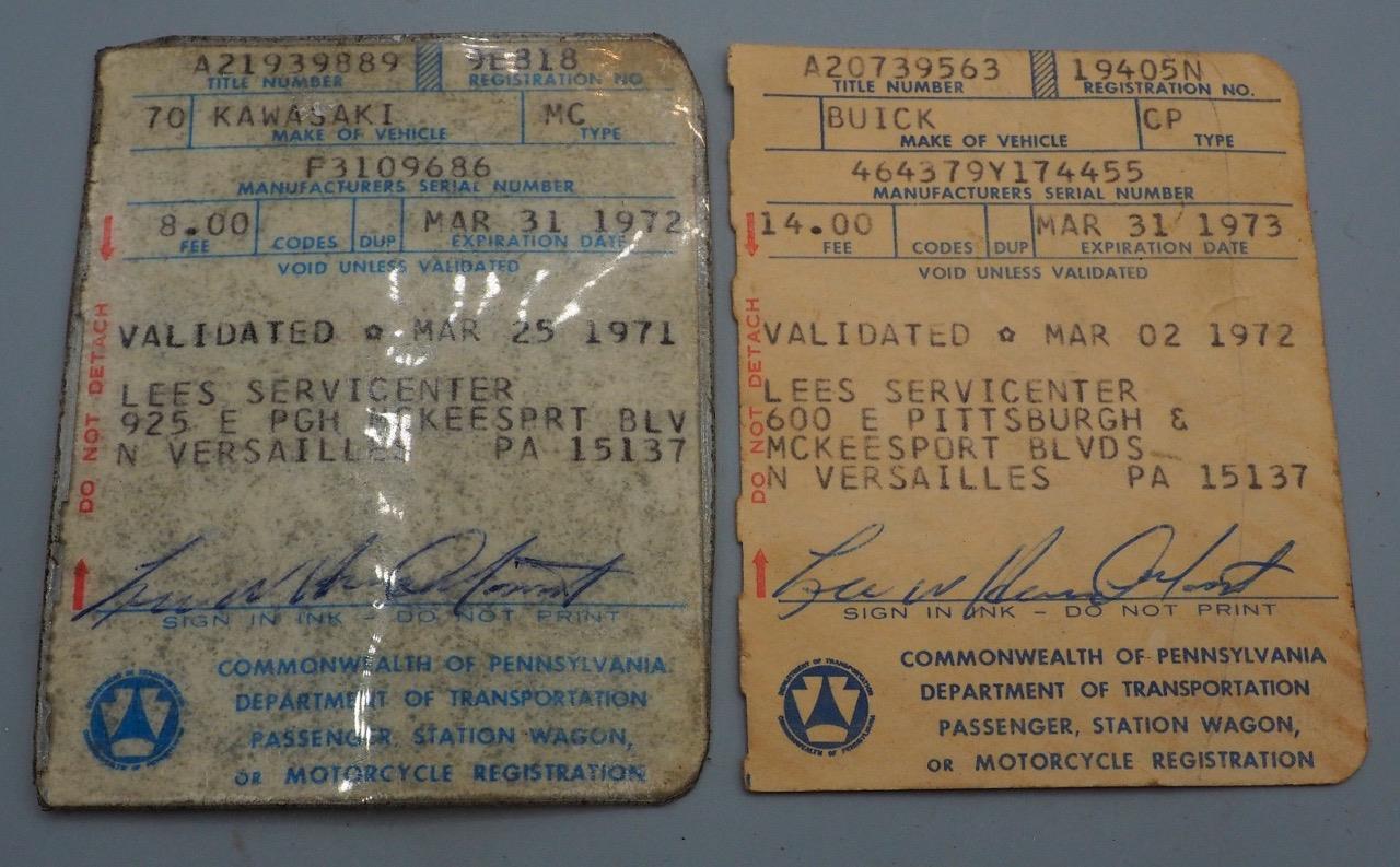 Vintage Pair Pennsylvania Vehicle Registration Cards 1971 1972 Kawasaki Buick
