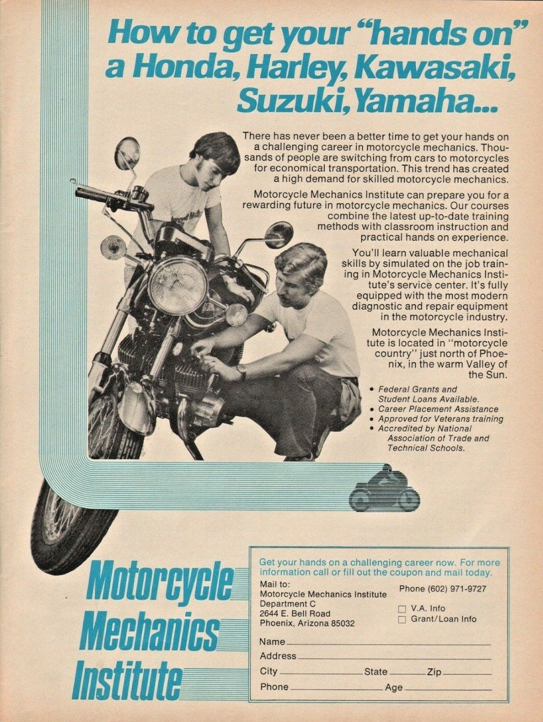 1979 Motorcycle Mechanics Institute Phoenix AZ Arizona - Vintage Motorcycle Ad