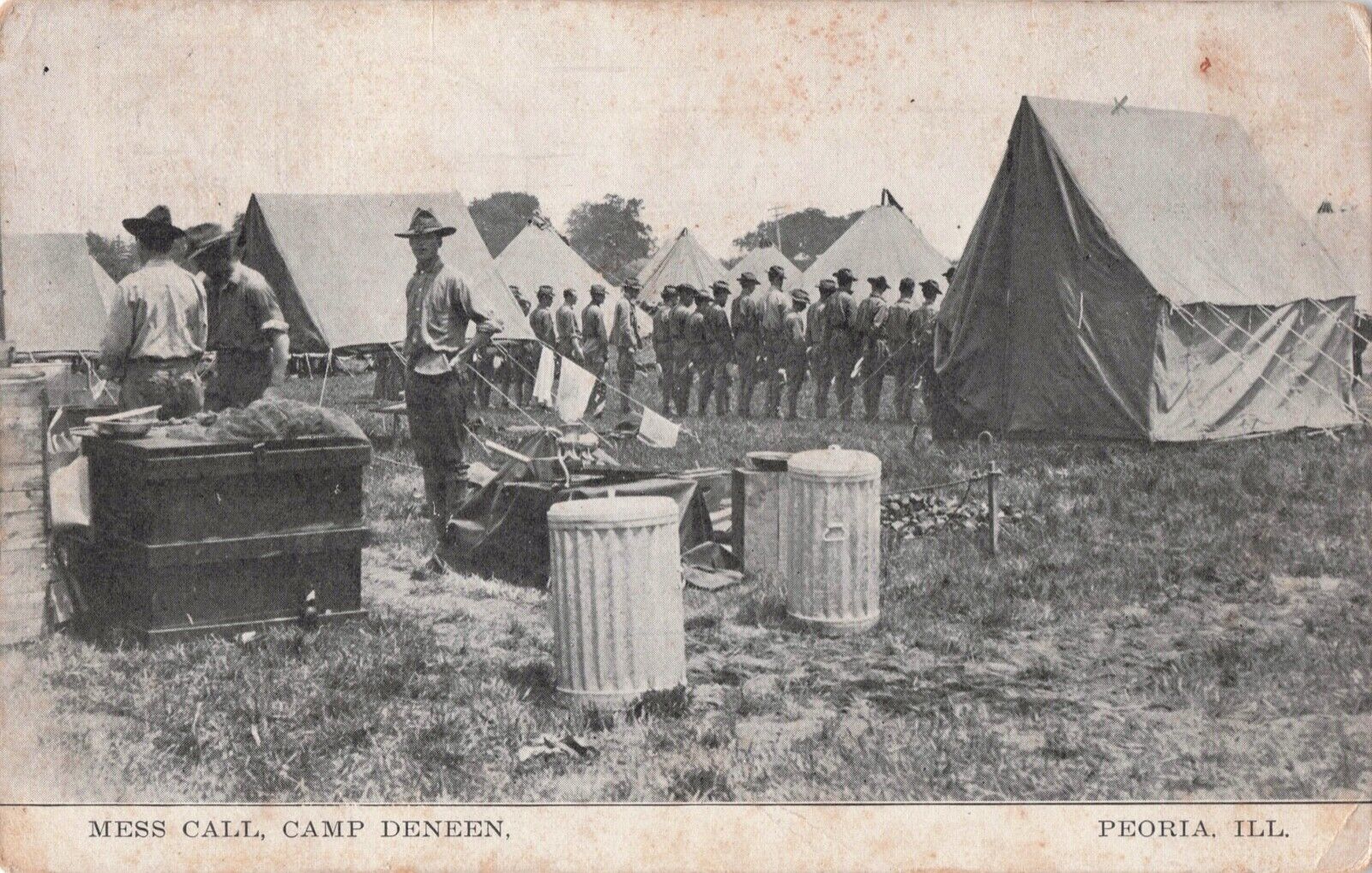 Peoria IL Camp Deneen Army Soldiers Mess Call  Vintage Photo Postcard 1910