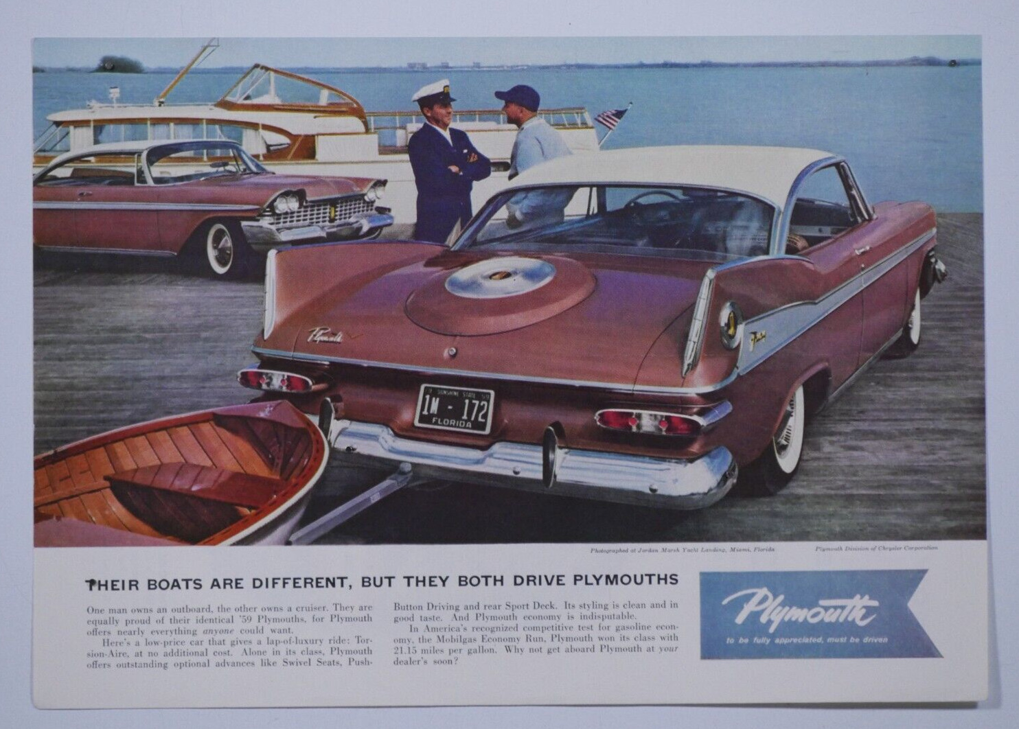 1959 Plymouth Sports Fury Jordan Marsh Landing Miami Fl VTG Original Print Ad