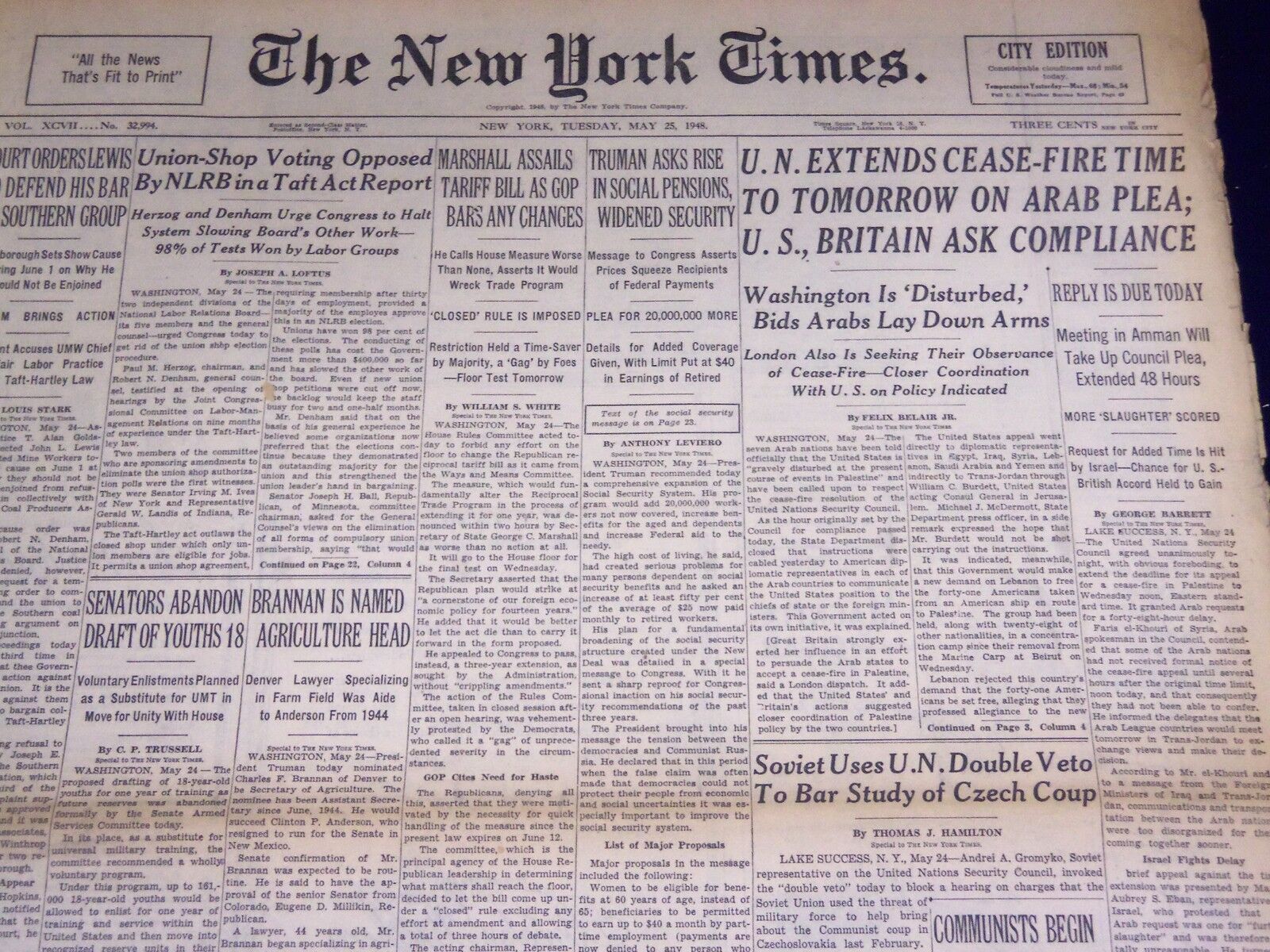1948 MAY 25 NEW YORK TIMES - U. N. EXTENDS CEASE-FIRE TIME - NT 3593