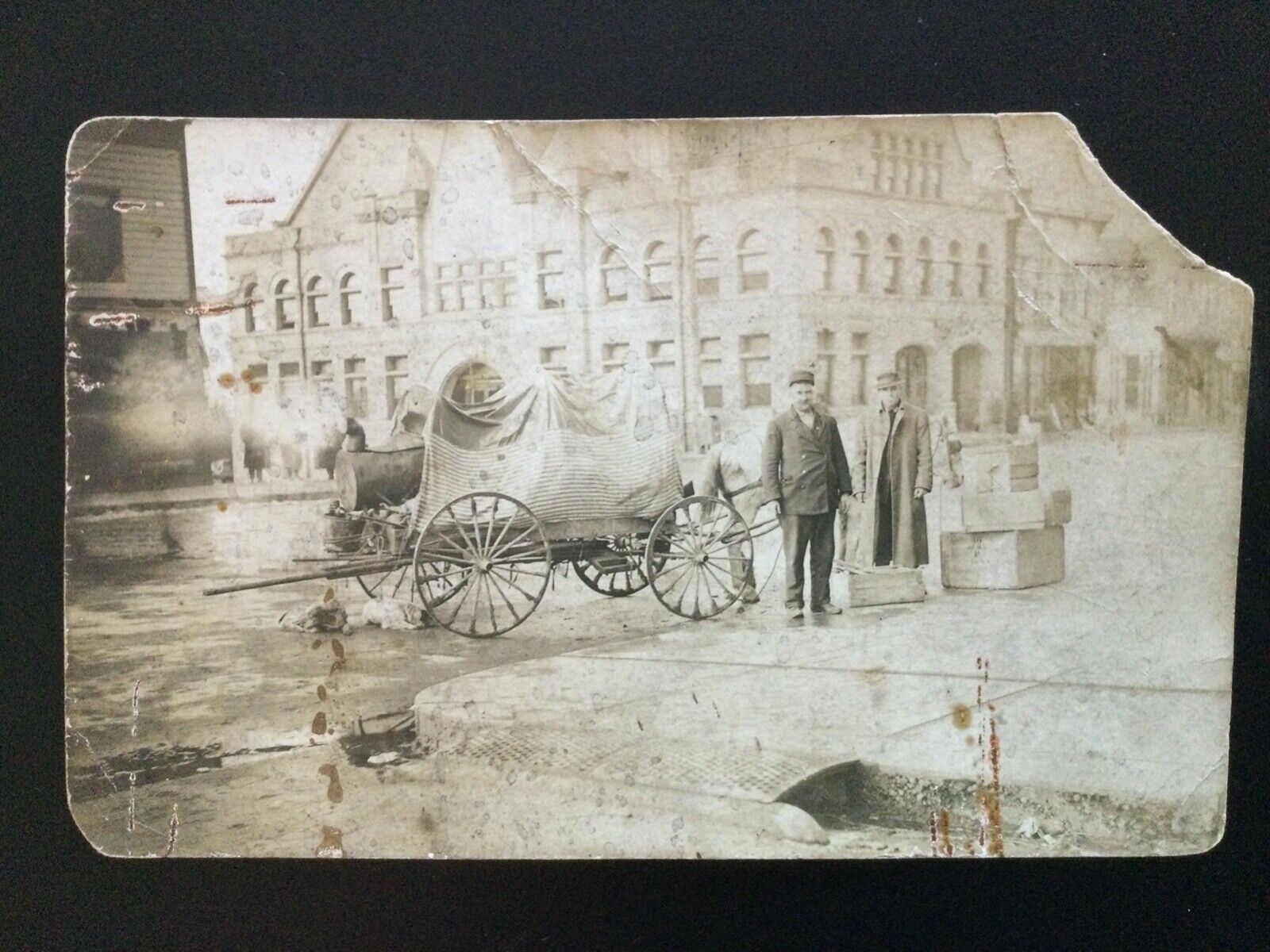 RPPC Itinerent Peddler ticking covered wagon w/boiler supplies horse/dog c.1908