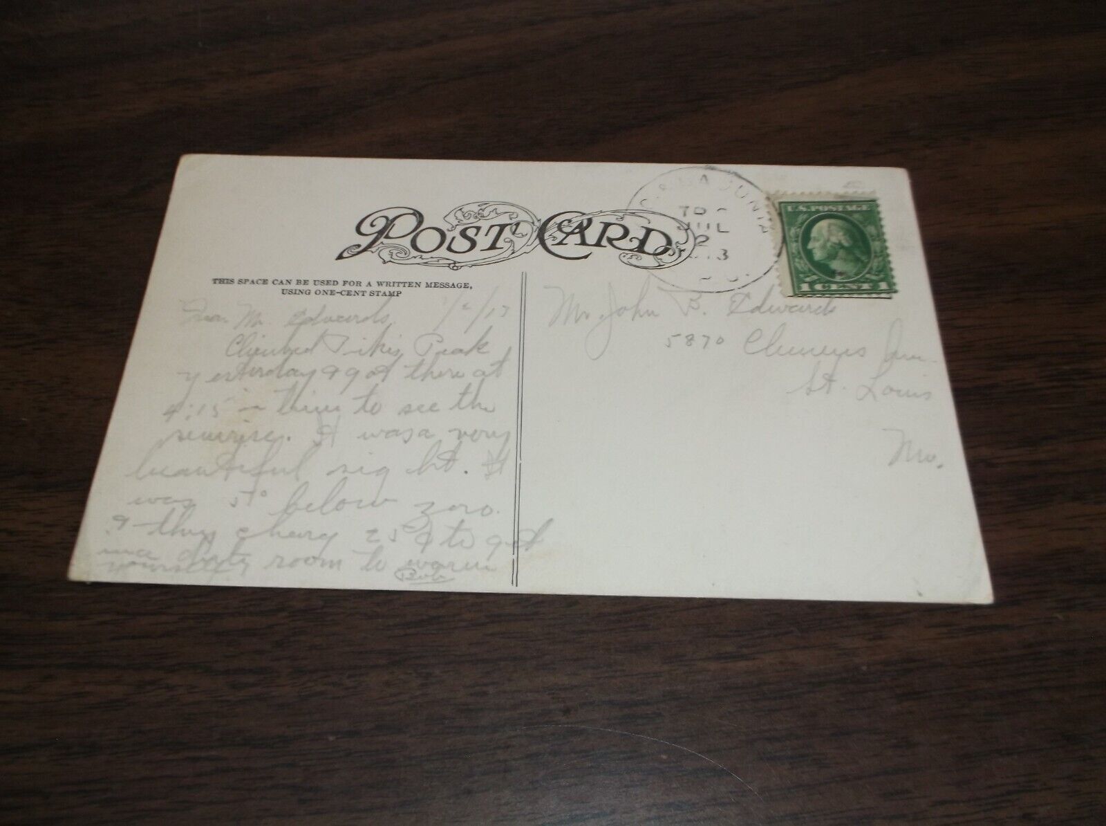 JULY 1913 ATSF SANTA FE TRAIN #2 KANSAS CITY & LA JUNTA RPO HANDLED POST CARD