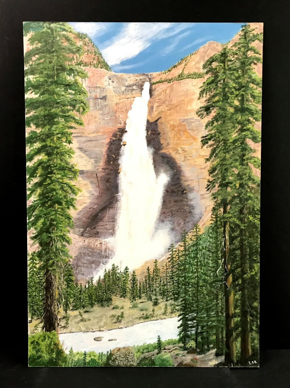 Landscape Waterfall 35x24 inch Vintage EAR Original Oil Painting Art