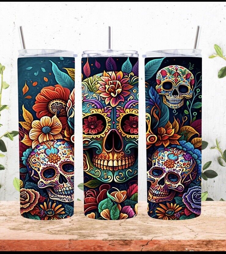 ‼️Sugar Skull 💀  Day Of The Dead Metal Tumbler 20oz Hot/Cold With Straw‼️