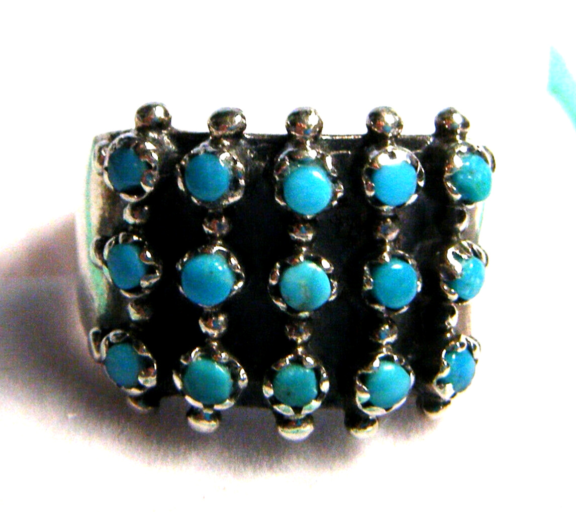 Vintage Zuni Indian Petite Point Blue Turquoise Wide Sterling 925 Size 6 Ring