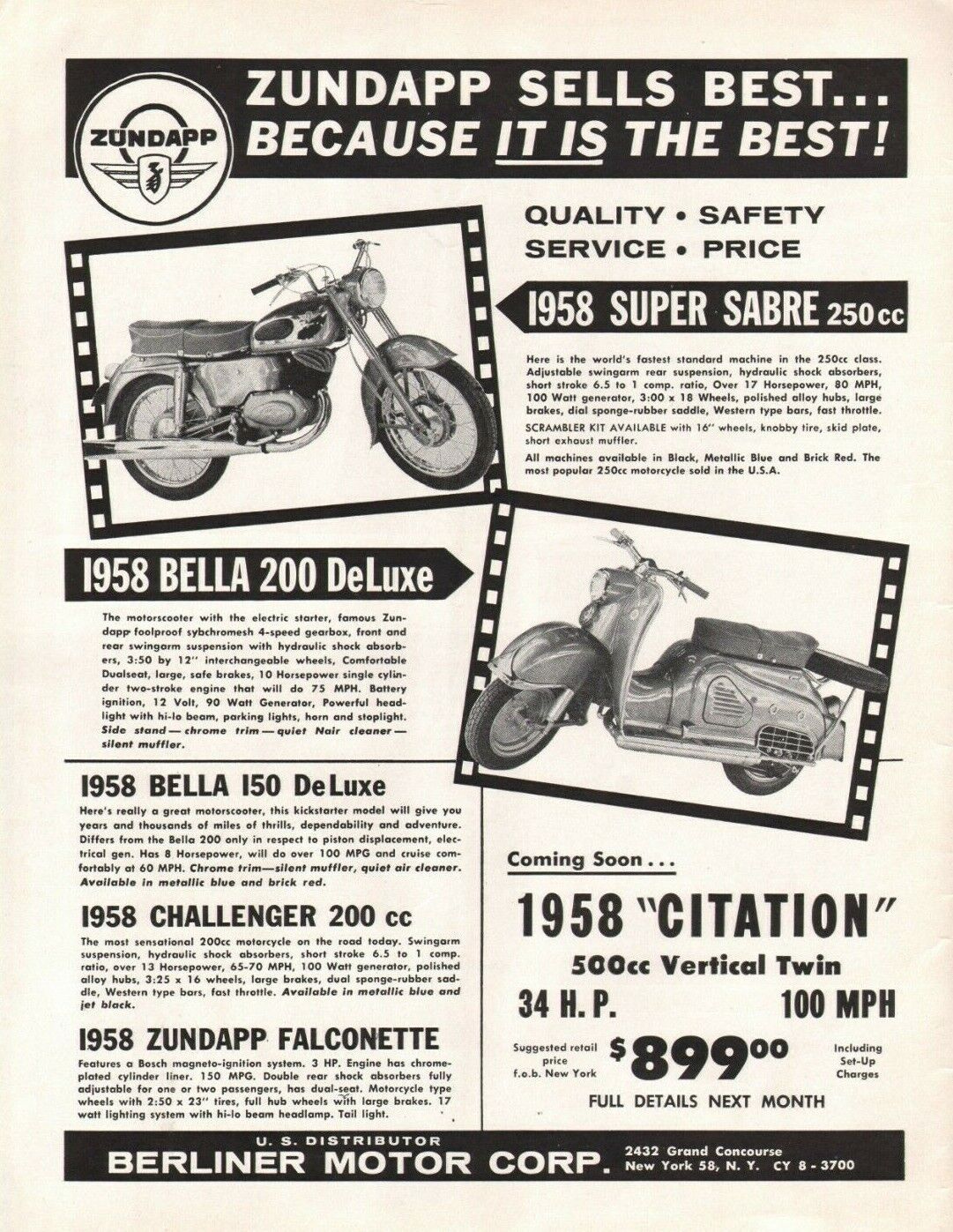 1958 Zundapp Super Sabre 250cc / Bella 200 Deluxe - Vintage Motorcycle Ad