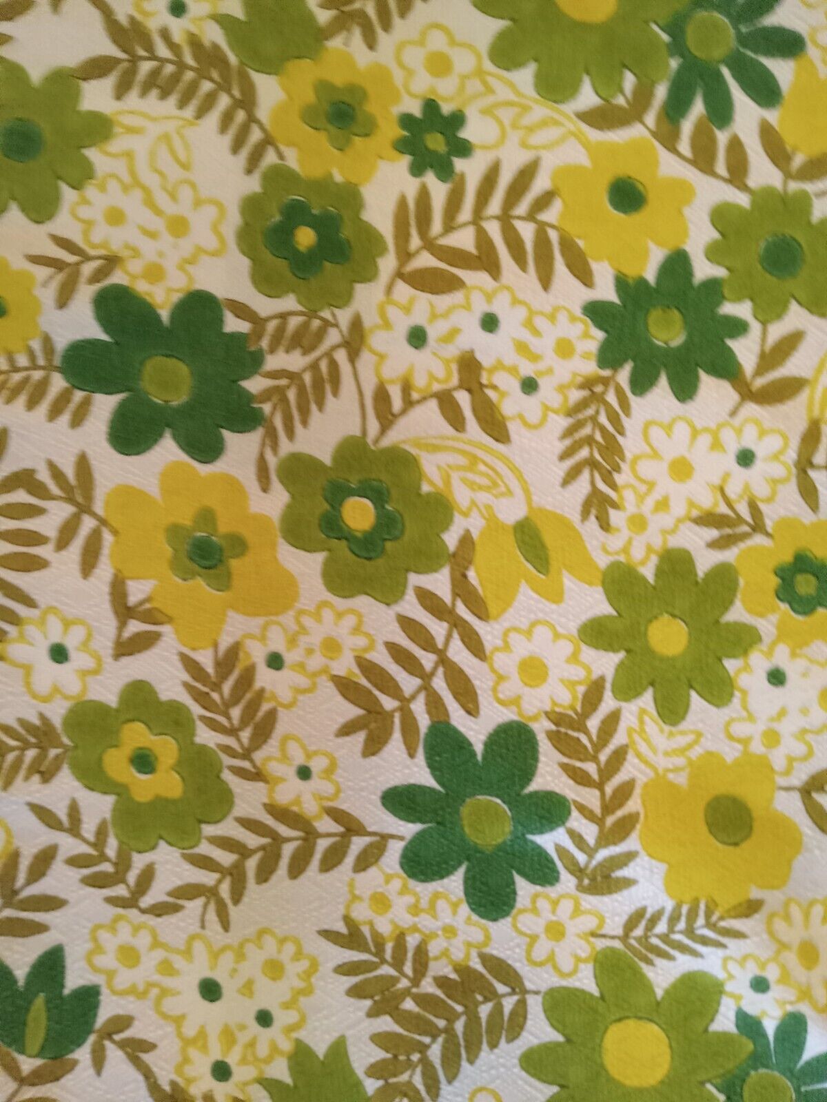 Vtg 60s-70s Flower Power Pair of Hand Made Curtain Panels Green Yellow Daisies