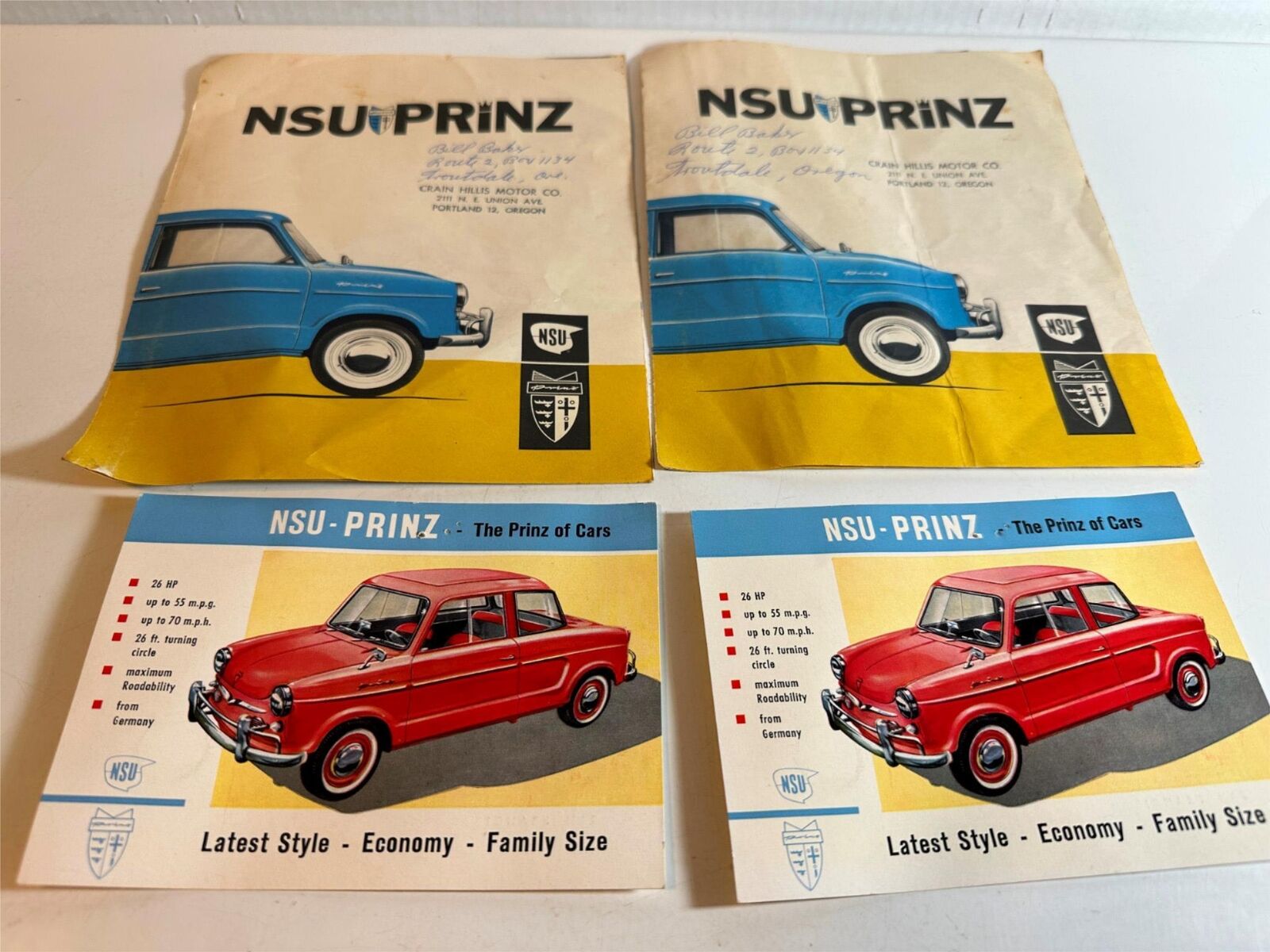 NSU Prinz 1950\'s Brochure (Lot of 2) + Postcard (Lot of 2) - 4 Items Total