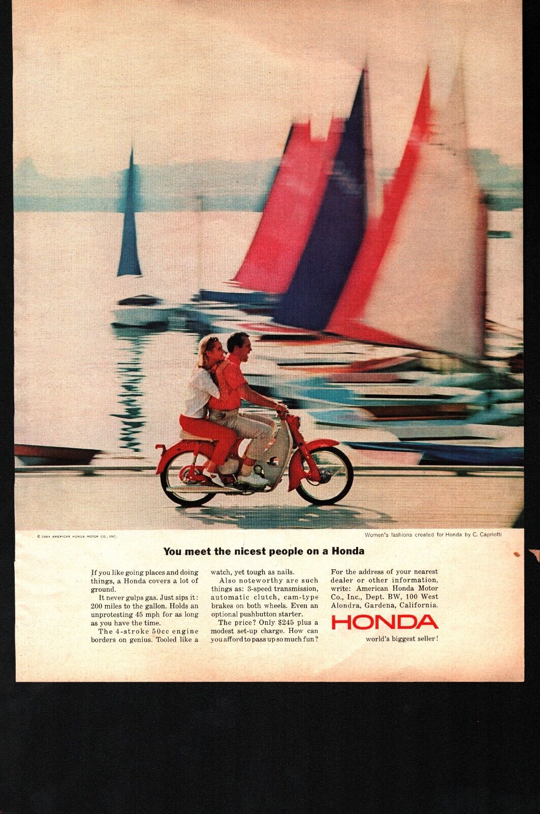 1964 Honda 50 Motorcycle Nicest People on Honda Vintage Color Print Ad Sailboat